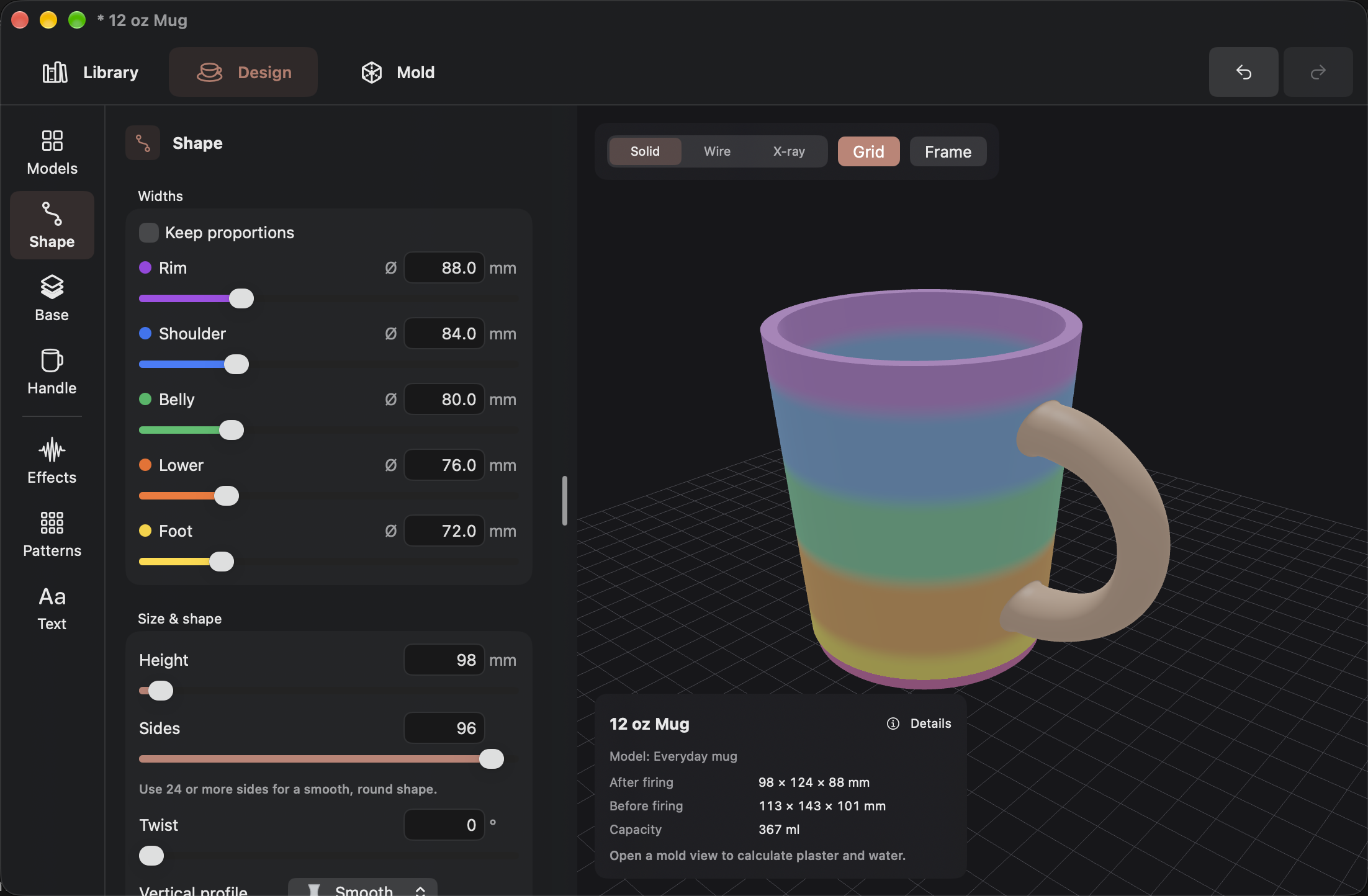 SlipMold Studio showing a colorful mug and its editable profile