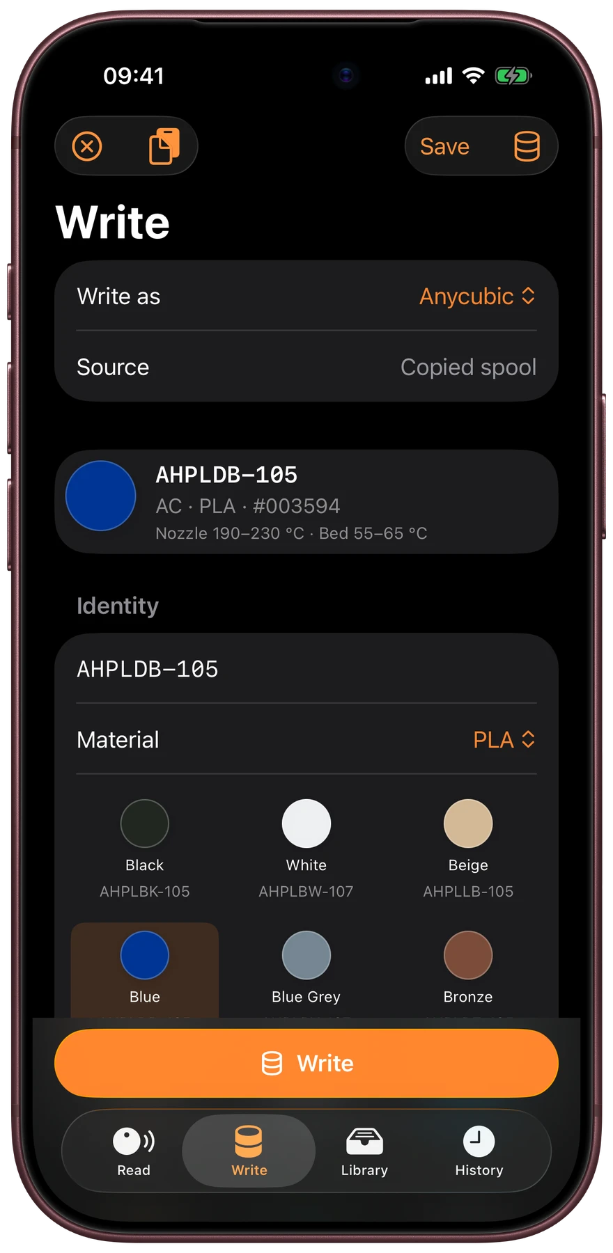 Edit a copied filament profile and choose a color in SpoolRFID