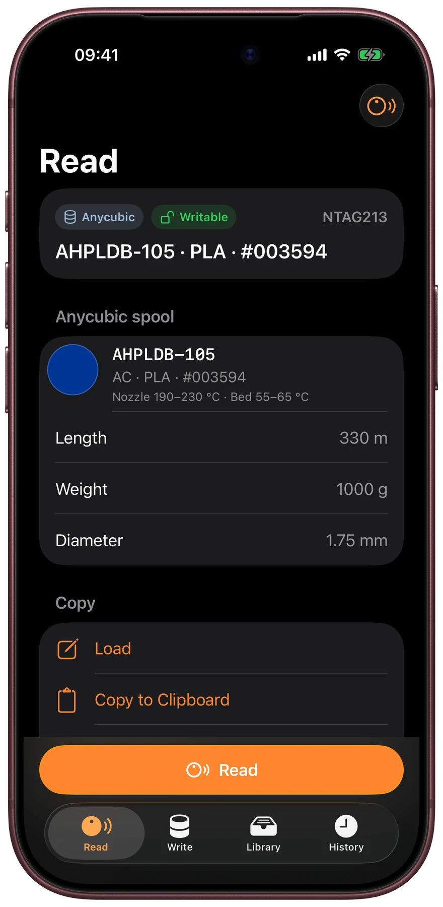 SpoolRFID reading an Anycubic spool: material, color, temperatures, length, and weight